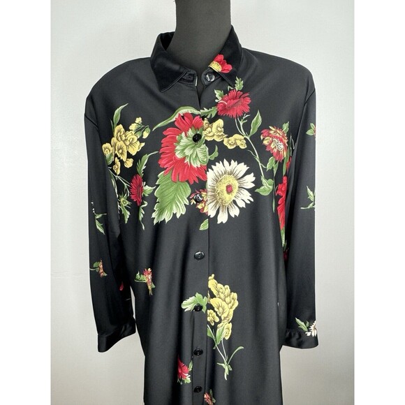 Vintage Top Notch Tunic Sz L Button Down Black Floral Made In USA - Picture 2 of 6